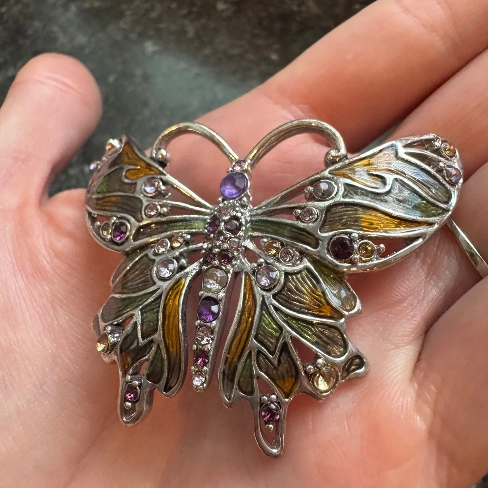 Monet Butterfly Brooch Silver Tone Enamel Purple Rhinestone Vintage Pin